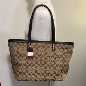 Coach Brown Logo Canvas Tote Bag with Dark Brown Trim and matching accessories